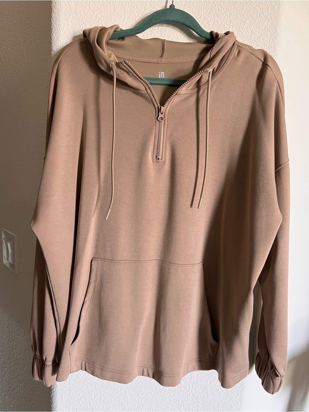 Ideology Womens light weight quarter Zip-Up Hooded Sweater in Tan
